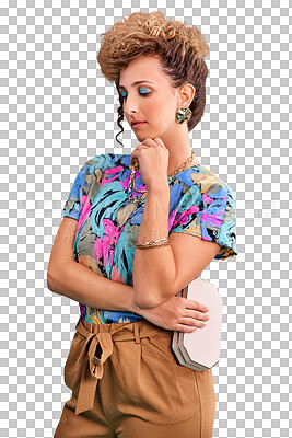 Buy stock photo Retro, fashion and woman with vintage make up, confident and beauty cosmetics with elegant style. Young model, positive and fancy accessories with wellness or isolated on transparent png background