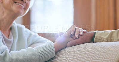 Buy stock photo Support, love and senior couple holding hands in conversation in the living room at home. Discussion, affection and closeup of elderly man and woman in retirement with comfort in lounge at house.