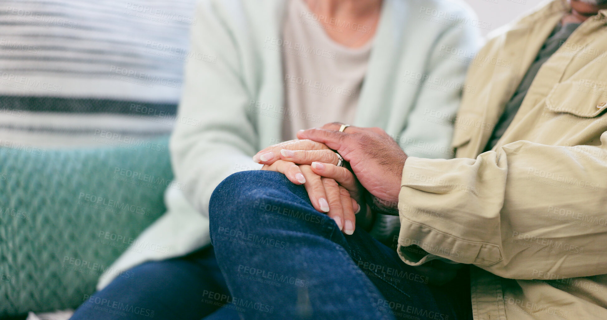 Buy stock photo Love, closeup and senior couple holding hands in living room at home for marriage together. Support, comfort and elderly man and woman with affection for relationship in the lounge at modern house.