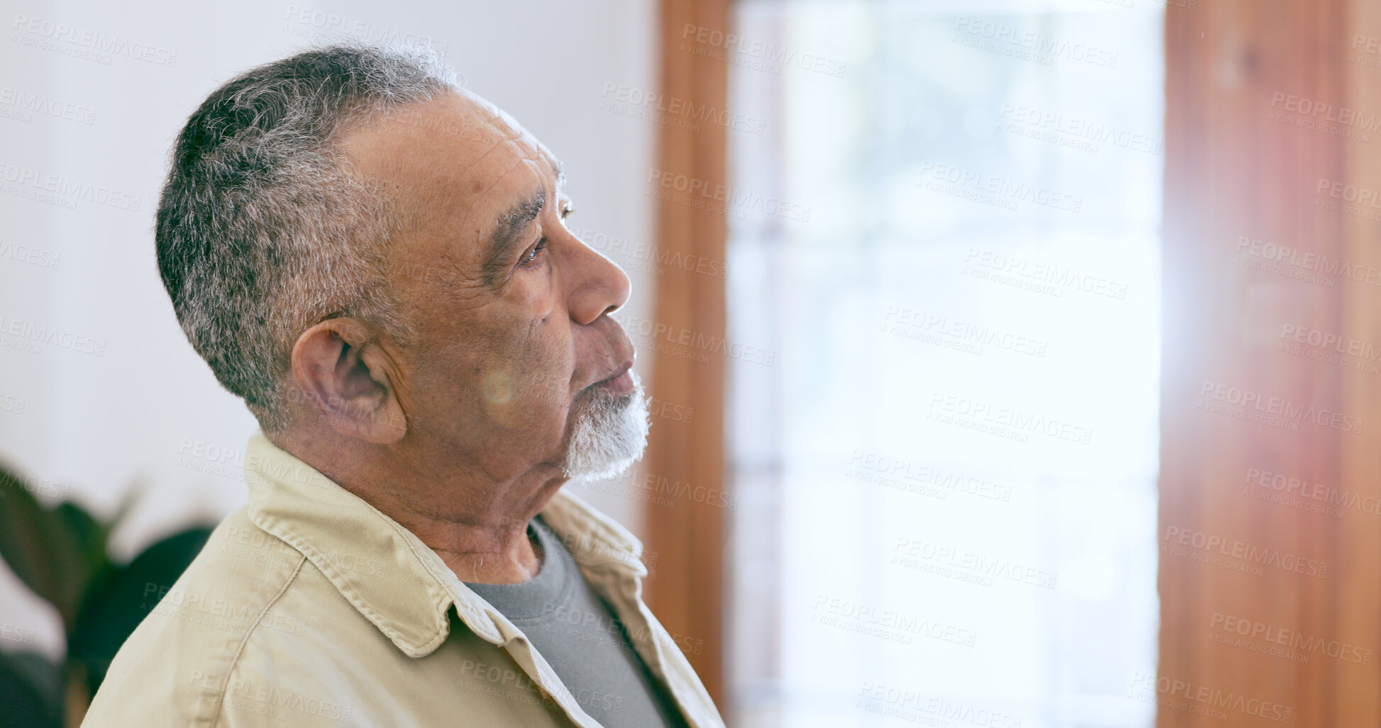 Buy stock photo Home, thinking and old man with depression, mental health and lens flare with retirement. Pensioner, apartment and elderly guy feeling alone, memory or sad with stress, anxiety and lonely in a lounge