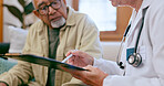 Senior man, doctor and clipboard for discussion, healthcare and checkup in nursing home. Elderly person, medical professional and diagnosis or advice, exam and results for consultation in retirement