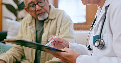 Buy stock photo Senior man, doctor and clipboard for discussion, healthcare and checkup in nursing home. Elderly person, medical professional and diagnosis or advice, exam and results for consultation in retirement