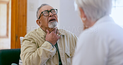 Buy stock photo Senior man, doctor and sore throat with pain, consultation and checkup in nursing home. Elderly person, medical professional and thyroid problem or sick, exam and trust for healthcare in retirement