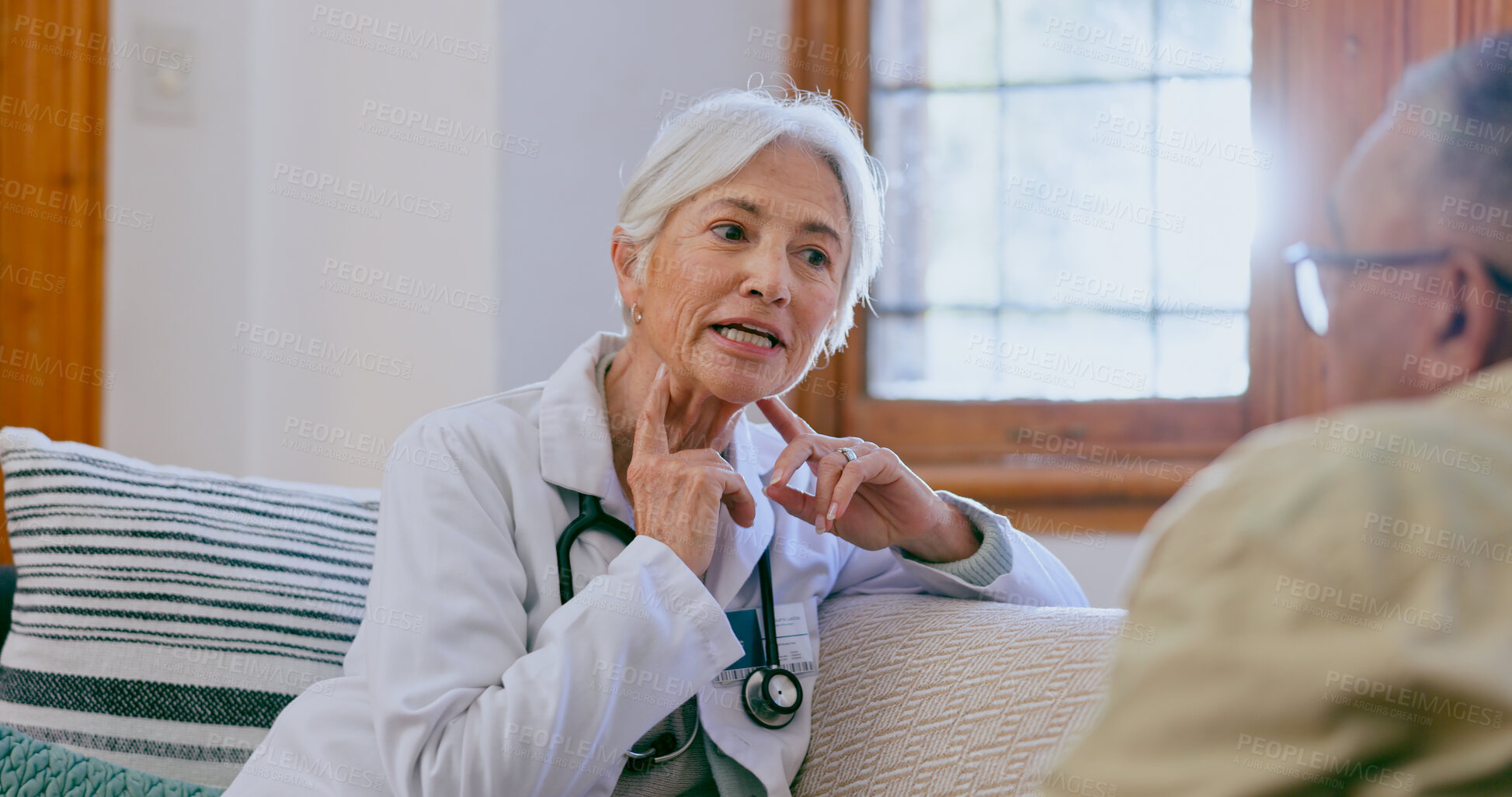 Buy stock photo Doctor, patient and throat touch or talking of information, infection bacteria or cough inflammation. Woman, man and conversation for consultation risk pain for healthcare, lung  or asthma breathe