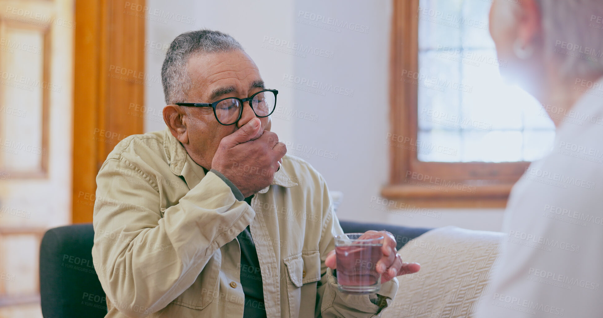 Buy stock photo Senior, man and patient cough or nurse help for throat inflammation, infection or bacteria. Woman, male person and mouth hand for lung germs consultation or diagnosis symptoms, conversation or advice