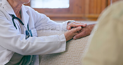 Buy stock photo Support, care and doctor holding hands with patient for medical diagnosis or treatment planning. Consulting, career and closeup of healthcare worker comforting a man in living room of nursing home.