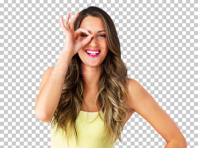 Buy stock photo Woman, ok sign and happy in studio portrait for good review, vote and positive. Young model, face and smile with yes emoji on eye for feedback, approval and isolated on transparent png background