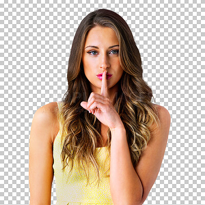 Buy stock photo Secret, portrait and woman with quiet gesture, privacy symbol or confidential gossip, drama news or mystery. Silence whisper, hush and face of female model isolated on a transparent, png background.