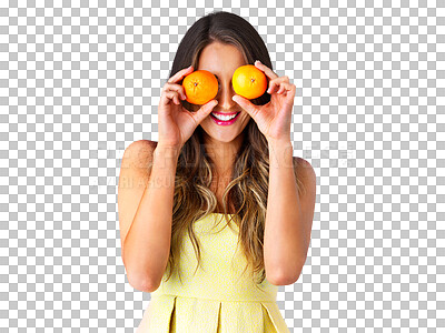 Buy stock photo Woman, orange and fruits with diet for health wellness, vitamin c and organic nutrition with happiness. Young model, smile and citrus for healthy digestion and isolated on transparent png background