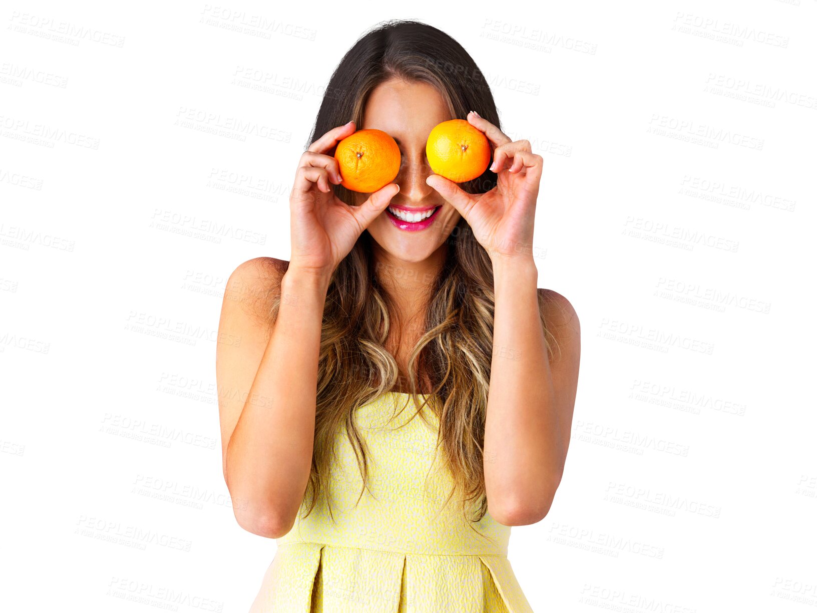 Buy stock photo Woman, orange and fruits with diet for health wellness, vitamin c and organic nutrition with happiness. Young model, smile and citrus for healthy digestion and isolated on transparent png background