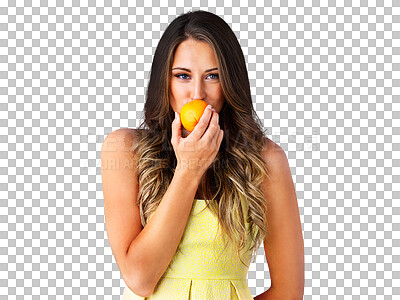 Buy stock photo Woman, eating or orange fruits in portrait for health wellness, vitamin c or organic nutrition for detox. Young model, face and citrus for healthy digestion and isolated on transparent png background