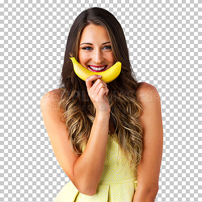 Buy stock photo Woman, banana or fruits with portrait for health wellness, vitamins or organic nutrition for natural fibre. Young model, smile or face for healthy digestion and isolated on transparent png background