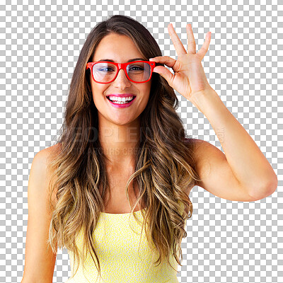 Buy stock photo Woman, happy and portrait with sunglasses for cool style with trendy eyewear and relax wellness. Model, smile and face with edgy frames for funky fashion and isolated on transparent png background