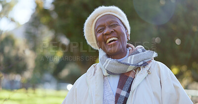 Buy stock photo Face, smile and a senior black woman laughing outdoor in a garden during summer for freedom or energy. Nature, environment and happy with a funny elderly person in a park for retirement wellness