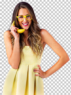 Buy stock photo Portrait, happy woman and banana phone call, talking and communication isolated on a transparent png background Face glasses, mobile fruit and chat in fashion conversation, healthy diet and cosmetics