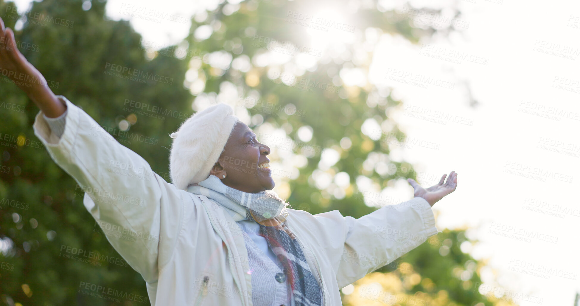 Buy stock photo Freedom, nature and happy senior woman in a park for breathing, celebration or travel adventure. Retirement, energy and African female person in a forest with gratitude for life, peace and fresh air