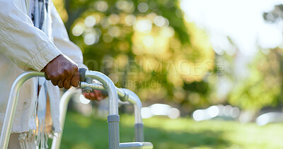 Buy stock photo Hands, walking frame and an elderly person in a garden outdoor in summer closeup during retirement. Wellness, rehabilitation or recovery and a senior adult with a disability in the park for peace