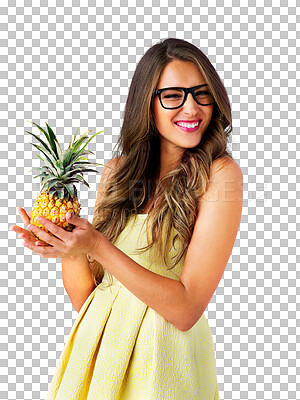 Buy stock photo Glasses, portrait or woman with pineapple fruits for healthy food, diet or tropical detox with vegan nutrition. Model, face or smile in vision for wellness or isolated on transparent png background