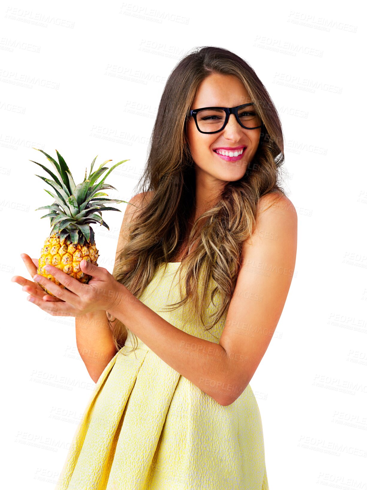 Buy stock photo Glasses, portrait or woman with pineapple fruits for healthy food, diet or tropical detox with vegan nutrition. Model, face or smile in vision for wellness or isolated on transparent png background