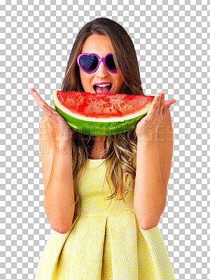 Buy stock photo Woman, eating watermelon or vegan with fruits for health wellness, vitamins or organic nutrition for hydration. Model, relax or detox with trendy sunglasses or isolated on transparent png background