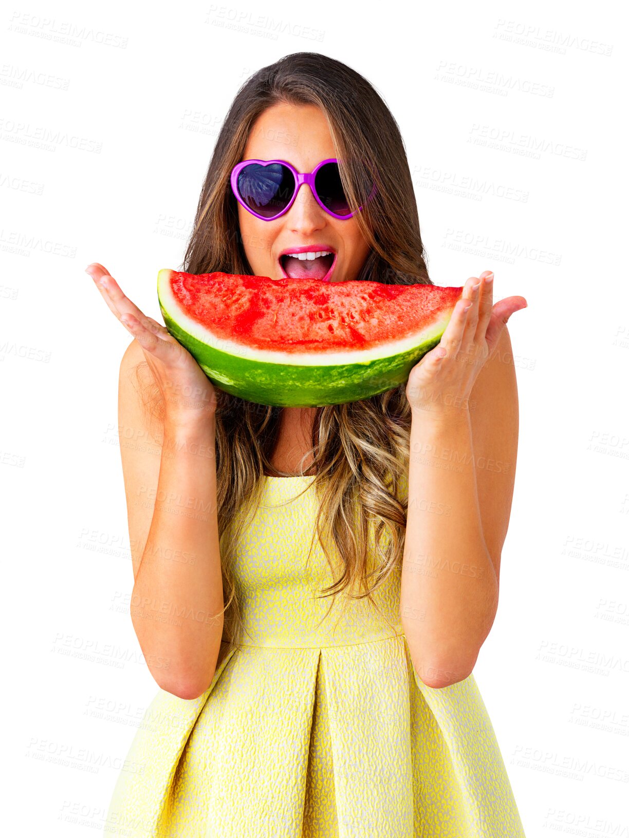 Buy stock photo Woman, eating watermelon or vegan with fruits for health wellness, vitamins or organic nutrition for hydration. Model, relax or detox with trendy sunglasses or isolated on transparent png background