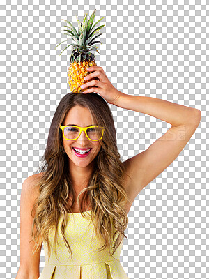 Buy stock photo Sunglasses, portrait and woman with pineapple on head, healthy diet with tropical fruits for vegan nutrition. Model, face and laughing for detox wellness and isolated on transparent png background