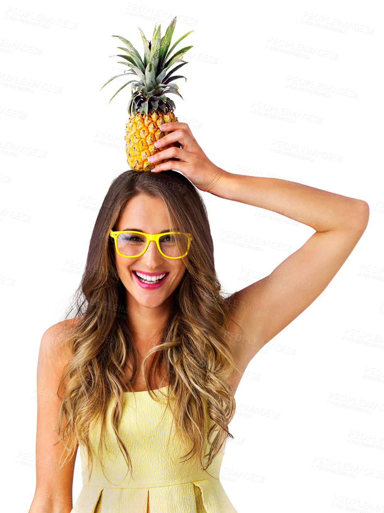 Buy stock photo Sunglasses, portrait and woman with pineapple on head, healthy diet with tropical fruits for vegan nutrition. Model, face and laughing for detox wellness and isolated on transparent png background