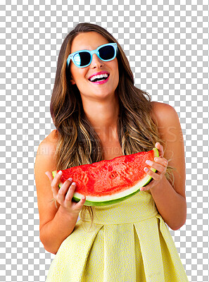 Buy stock photo Portrait, sunglasses and woman with watermelon, smile and happiness isolated on a transparent background. Face, person and model with funky eyewear, nutrition and fruit with wellness, png and healthy