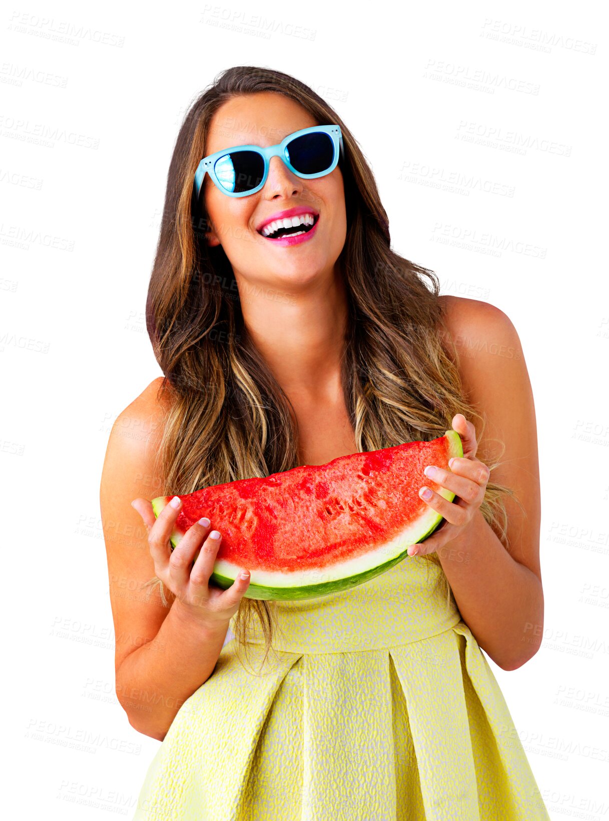 Buy stock photo Portrait, sunglasses and woman with watermelon, smile and happiness isolated on a transparent background. Face, person and model with funky eyewear, nutrition and fruit with wellness, png and healthy