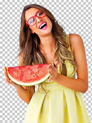 Buy stock photo Woman, watermelon and portrait for laughing, health wellness and organic nutrition for hydration. Vegan model, face and vitamins with trendy glasses and isolated on transparent png background