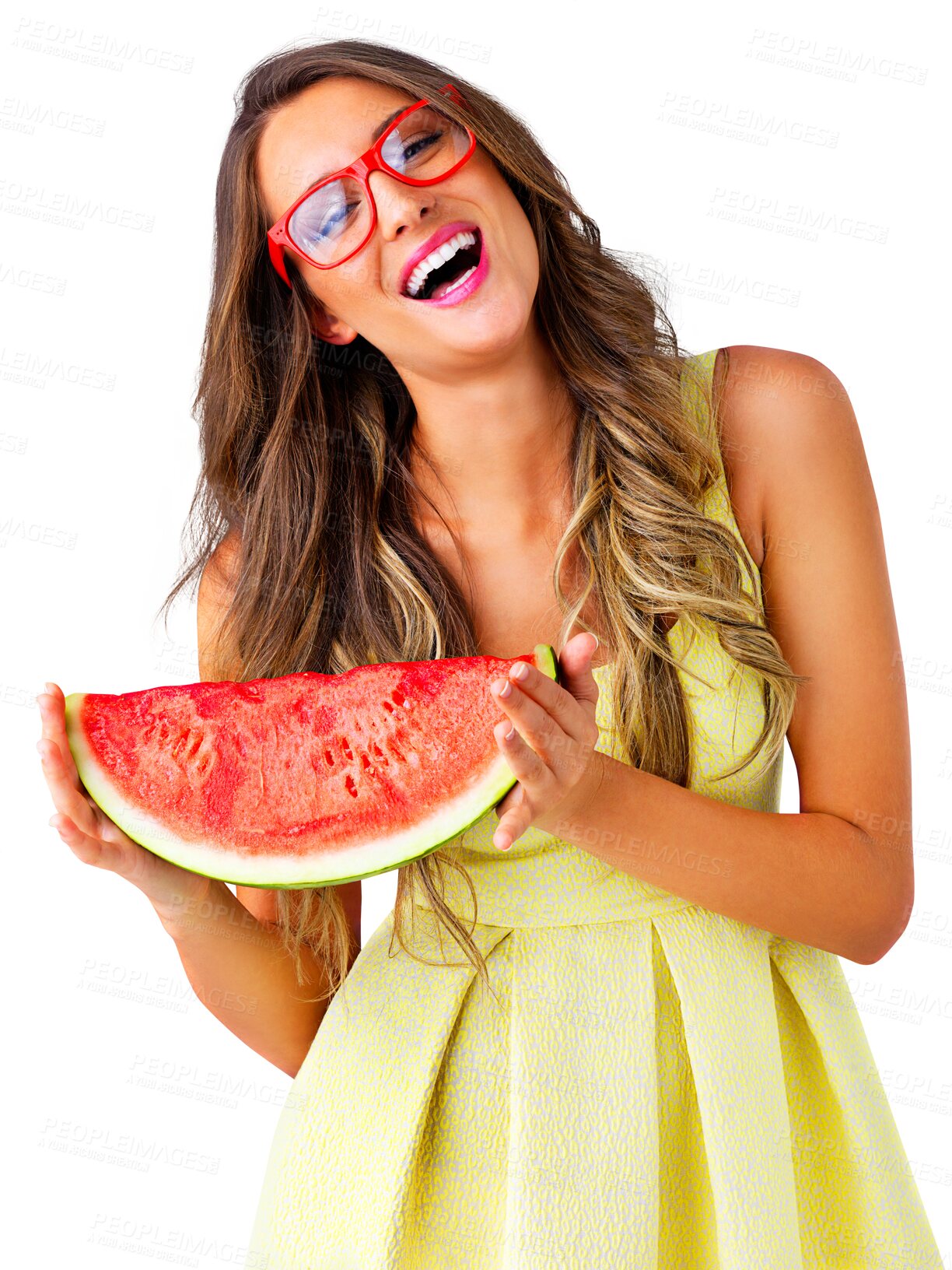 Buy stock photo Woman, watermelon and portrait for laughing, health wellness and organic nutrition for hydration. Vegan model, face and vitamins with trendy glasses and isolated on transparent png background