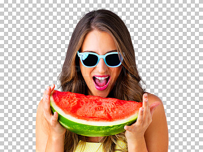 Buy stock photo Wellness, sunglasses and woman with watermelon, smile and happiness isolated on a transparent background. Joy, person and model with funky eyewear, nutrition and fruit with  png, excited and healthy