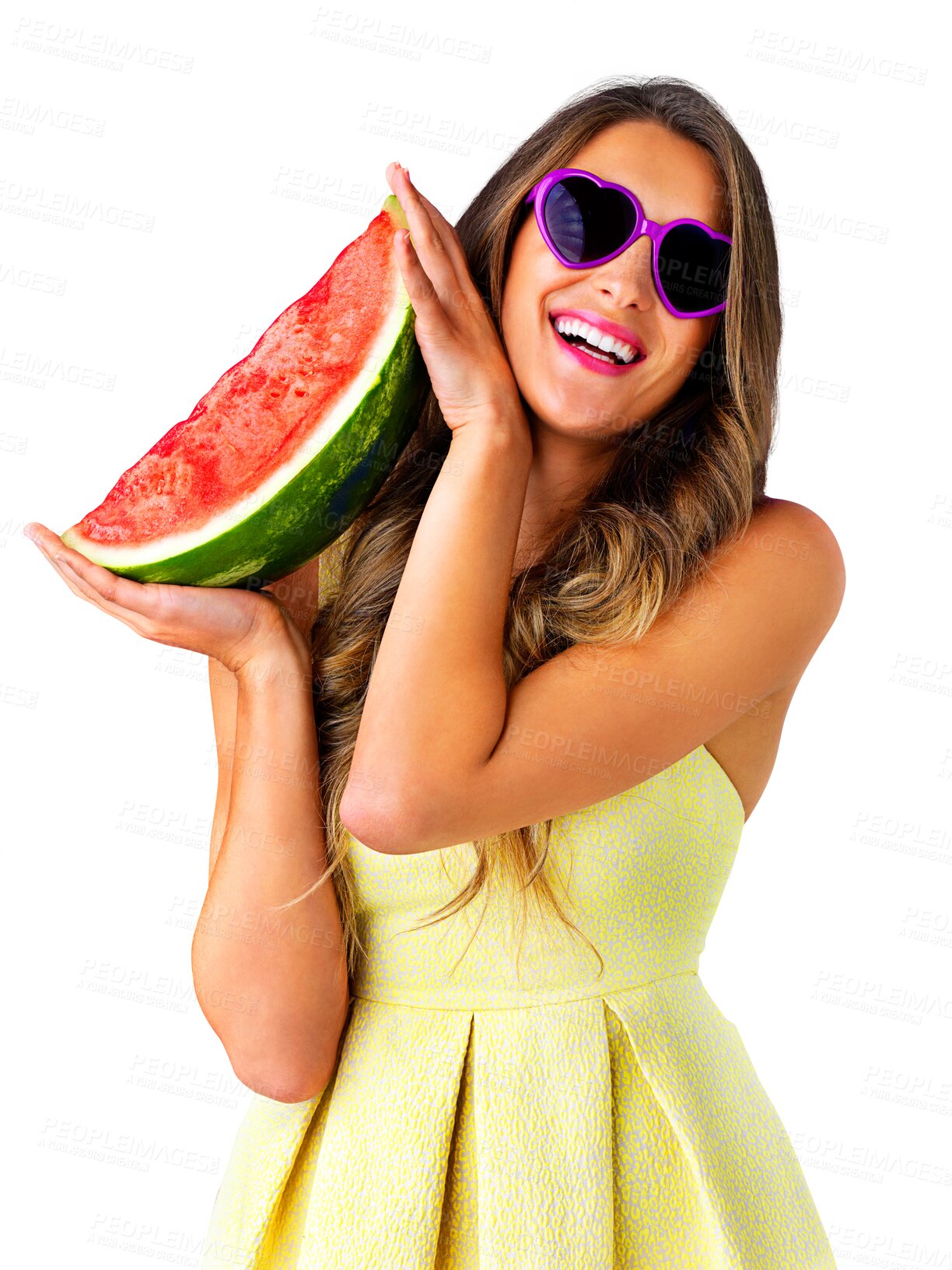 Buy stock photo Model, watermelon and vegan with fruits for health wellness, vitamins and organic nutrition for hydration. Woman, smile and digestion with trendy sunglasses and isolated on transparent png background