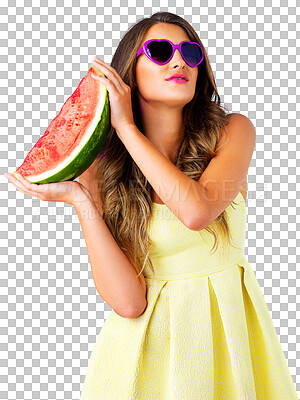 Buy stock photo Woman, watermelon and vegan with fruits for beauty wellness, vitamins and organic nutrition for hydration. Model, confident and detox with trendy sunglasses and isolated on transparent png background