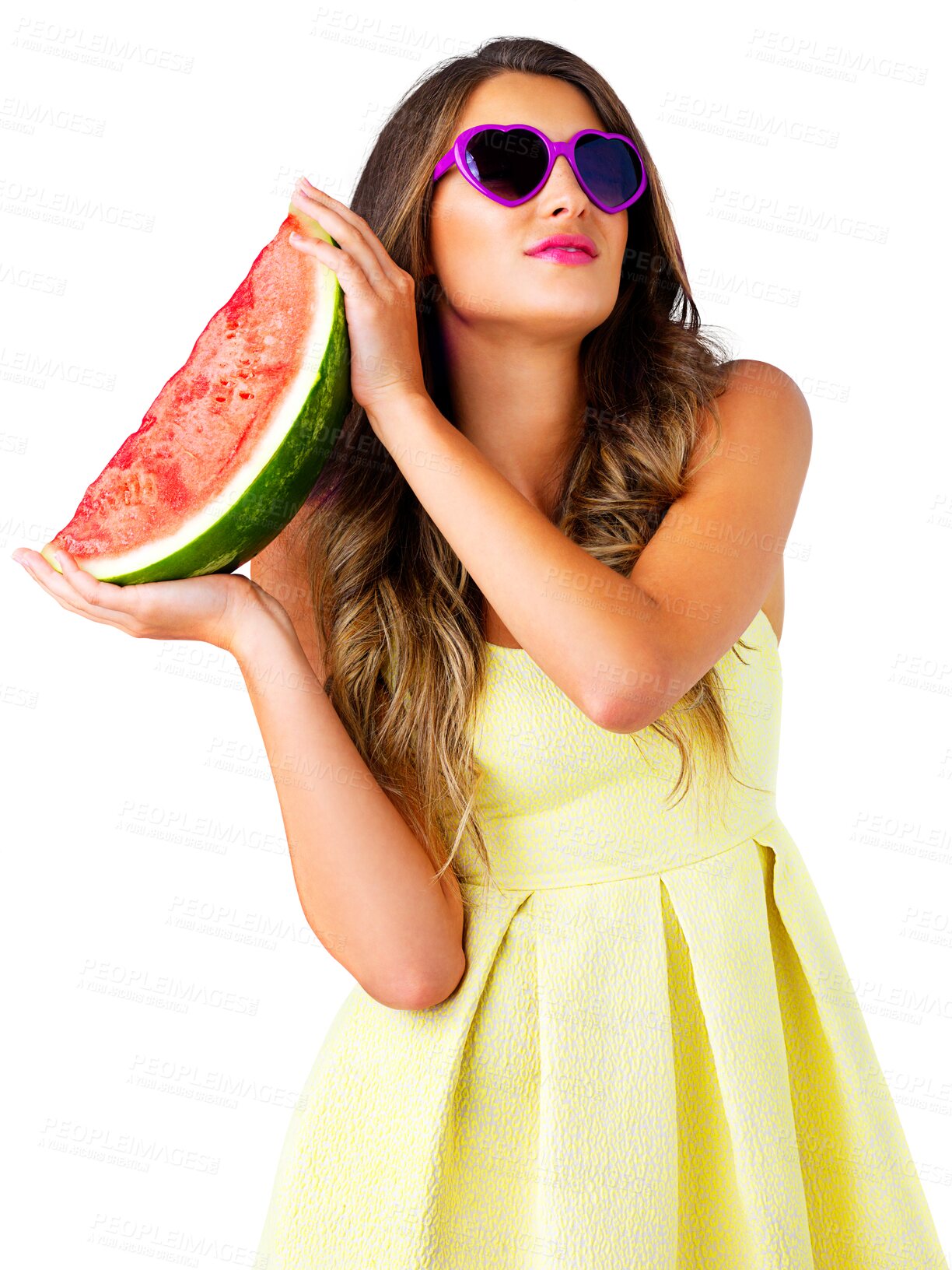 Buy stock photo Woman, watermelon and vegan with fruits for beauty wellness, vitamins and organic nutrition for hydration. Model, confident and detox with trendy sunglasses and isolated on transparent png background