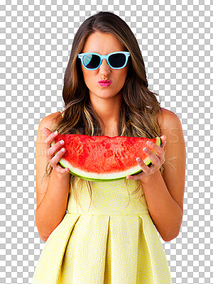 Buy stock photo Portrait, sunglasses and woman with watermelon, nutrition and happiness isolated on a transparent background. Face, person and model with funky eyewear, food and fruit with wellness, png and healthy