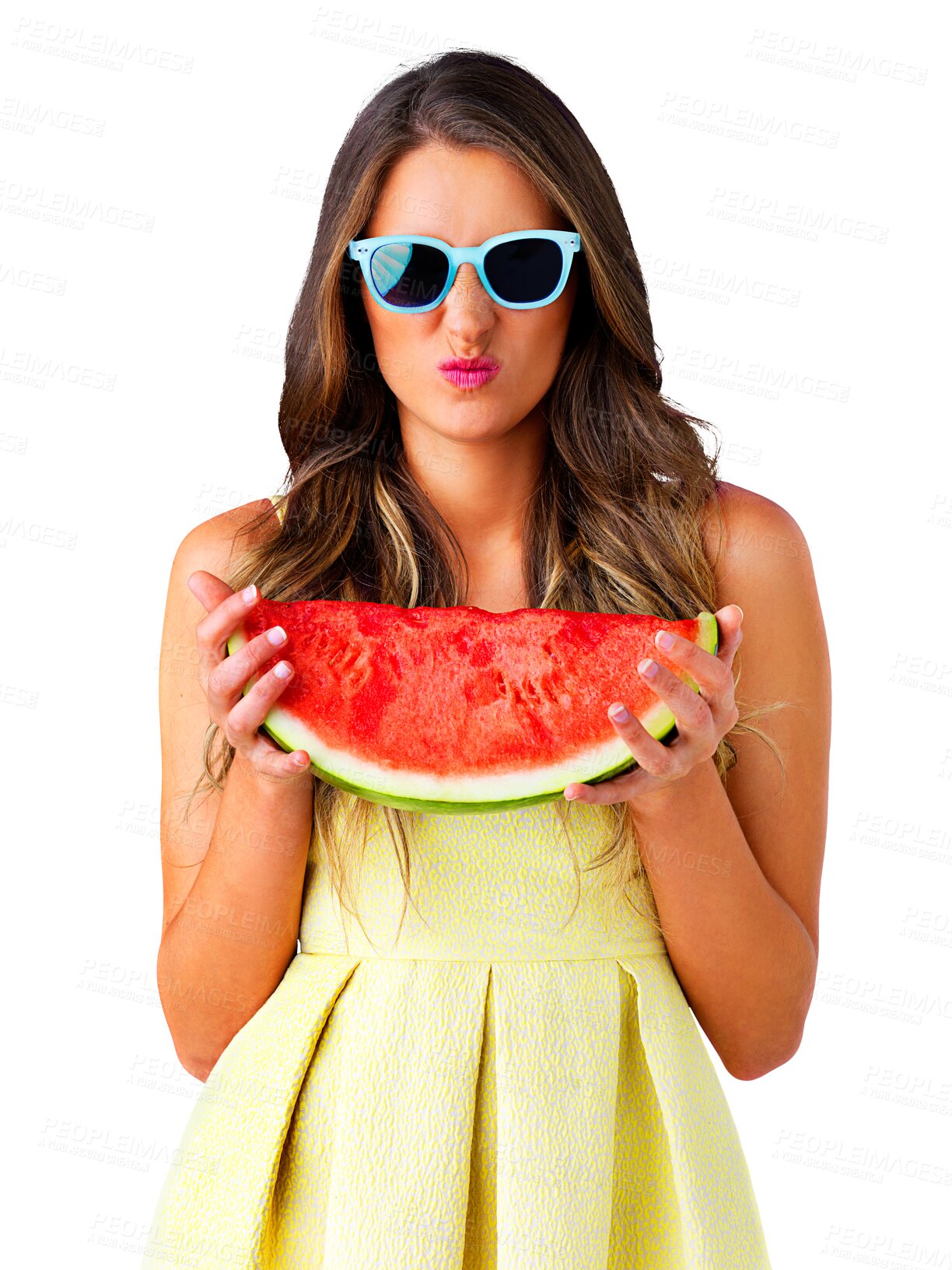 Buy stock photo Portrait, sunglasses and woman with watermelon, nutrition and happiness isolated on a transparent background. Face, person and model with funky eyewear, food and fruit with wellness, png and healthy