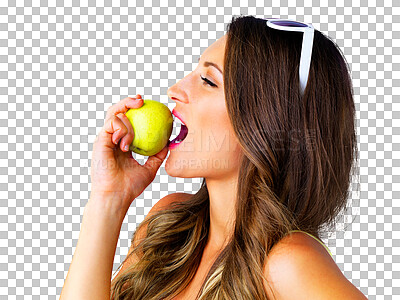 Buy stock photo Nutrition, health and woman eating apple for wellness snack on vegan, natural and organic diet. Happy, smile and young female person enjoying a green fruit isolated by transparent png background.