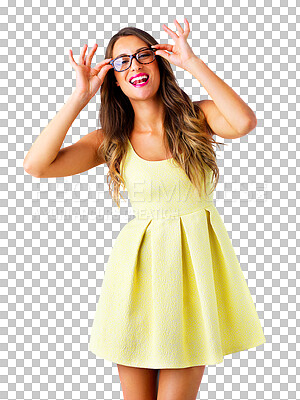 Buy stock photo Model, okay sign or hands in portrait with glasses, happy or excited with support for good review. Woman, smile and face with yes emoji for fashion eyecare and  isolated on transparent png background