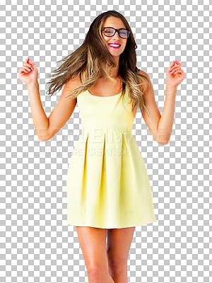 Buy stock photo Woman, dance and confident portrait with glasses for positive and trendy fashion and relax wellness. Young model, face and smile with eyewear and vision and   isolated on transparent png background