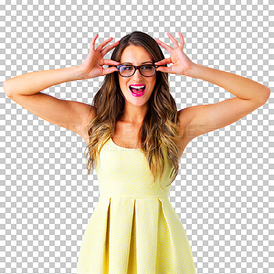 Buy stock photo Model, okay sign or excited for glasses, happy or positive with support for good review. Woman, smile and vision with yes emoji for trendy fashion eyecare and  isolated on transparent png background