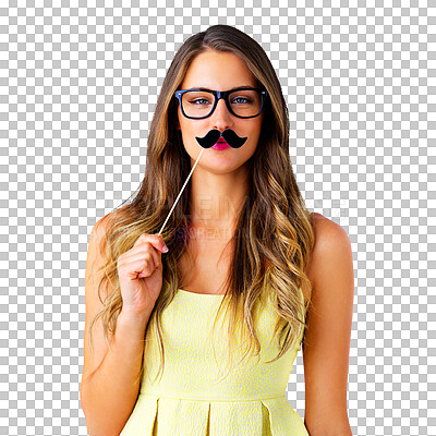 Buy stock photo Portrait, woman and hold for mustache, disguise or prop by face for joke, humor or comedy. Female student, glasses and casual fashion with smile for pose on isolated or transparent png background