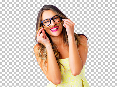 Buy stock photo Portrait, smile and hair mustache with a woman isolated on a transparent background for vision or beauty. Glasses, comic and haircare with an attractive young model on PNG for playful humor or joke