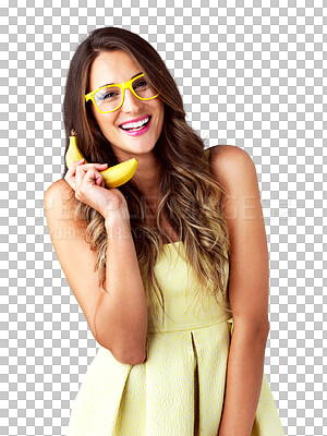 Buy stock photo Portrait, smile and woman on banana phone call, talking and communication isolated on transparent png background Face glasses, mobile fruit and chat in fashion conversation, healthy diet and makeup