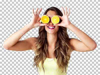 Buy stock photo Model, orange and fruits with diet for health wellness, vitamin c and organic nutrition with happiness. Young woman, smile and citrus for healthy digestion and isolated on transparent png background