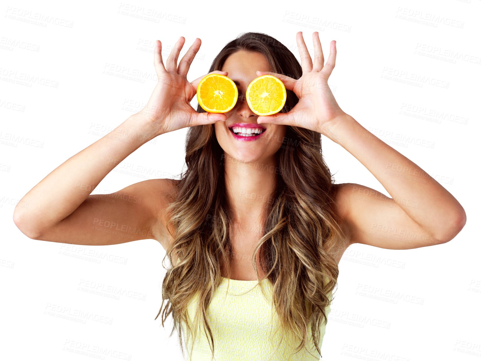 Buy stock photo Model, orange and fruits with diet for health wellness, vitamin c and organic nutrition with happiness. Young woman, smile and citrus for healthy digestion and isolated on transparent png background