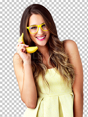 Buy stock photo Portrait, happy woman and mobile call on banana, talk and communication isolated on a transparent png background Face glasses, fruit phone and chat in fashion conversation, healthy diet and cosmetics