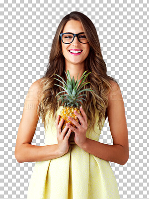 Buy stock photo Glasses, portrait or model with holding pineapple for healthy food, diet or tropical fruit with vegan nutrition. Woman, face or smile in vision for wellness or isolated on transparent png background