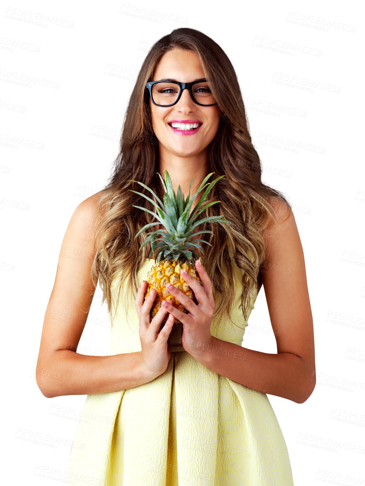 Buy stock photo Glasses, portrait or model with holding pineapple for healthy food, diet or tropical fruit with vegan nutrition. Woman, face or smile in vision for wellness or isolated on transparent png background