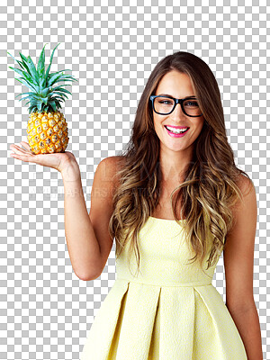 Buy stock photo Glasses, portrait or woman with holding pineapple for healthy food, diet or tropical fruit with vegan nutrition. Model, face or smile in vision for wellness or isolated on transparent png background